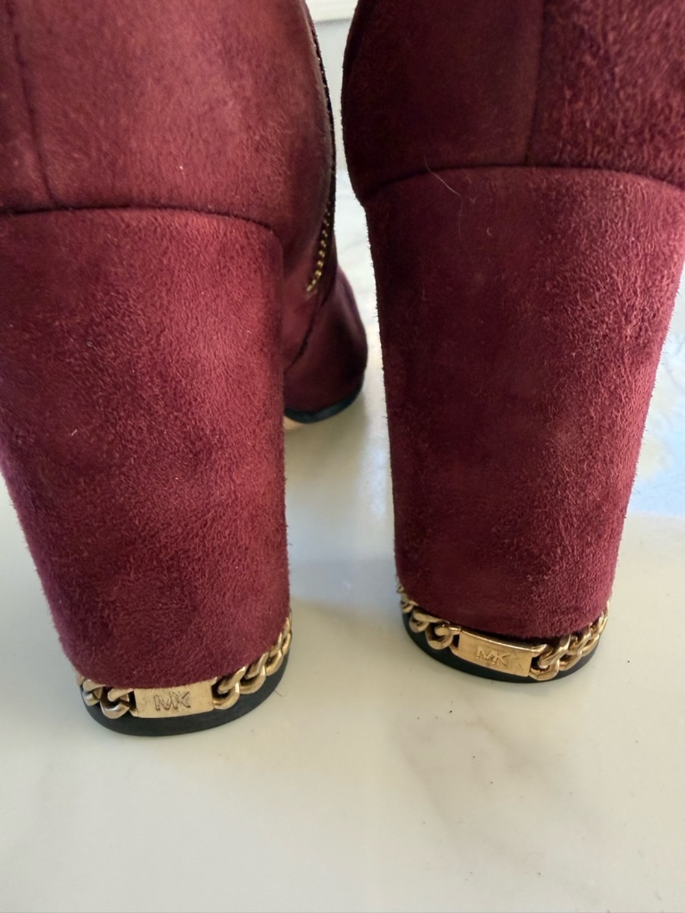Michael Kors Burgundy Suede Ankle Boots with Gold Zipper - Picture 5 of 7
